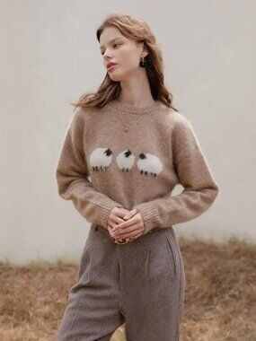 Petite Studio NYC Dakota Mohair Wool Camel Brown Sweater with Sheep Print